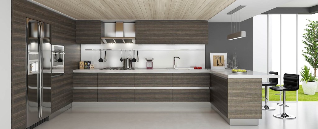 exciting-contemporary-and-modern-kitchens-design-ideas-with-wood-pattern-laminated-base-kitchen-cabinets-plus-white-laminated-countertop-also-white-backsplash-and-black-leather-seat-bars